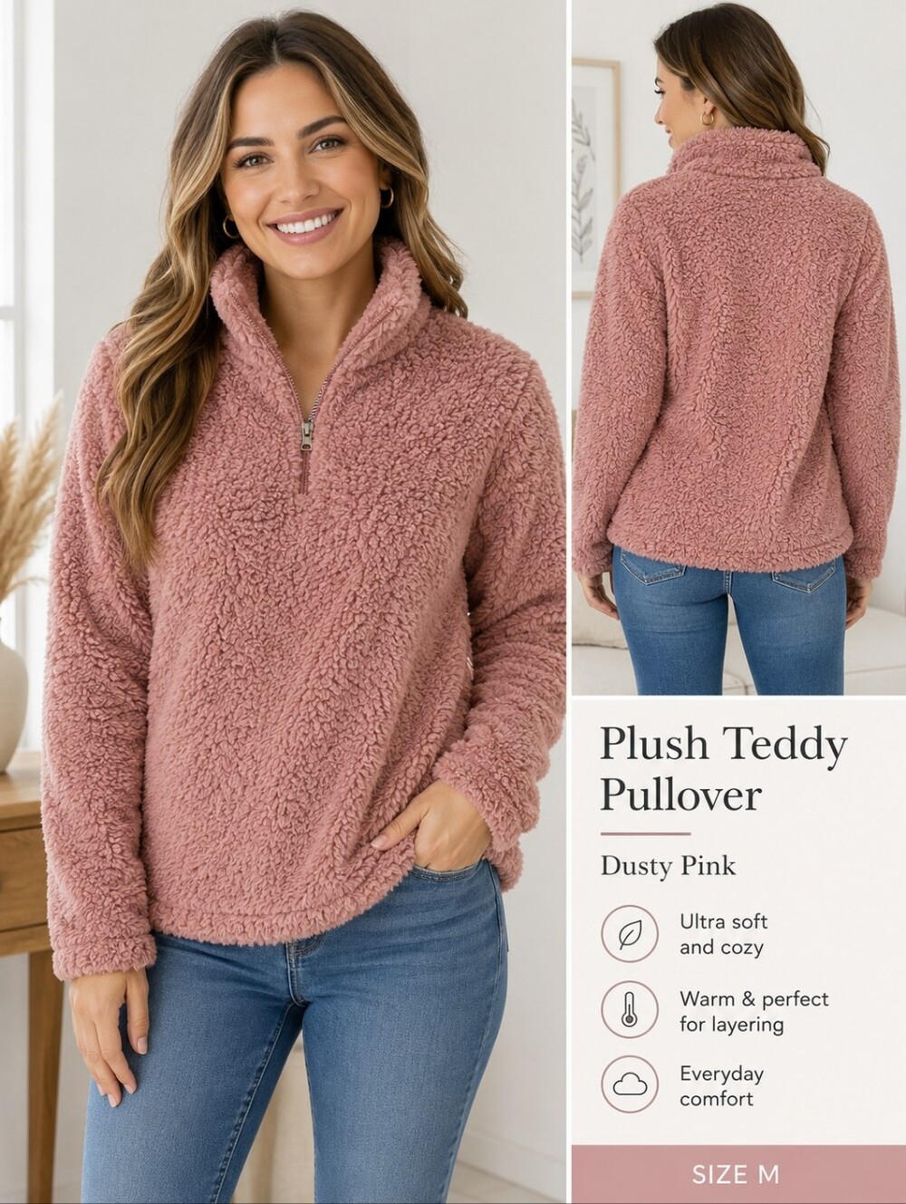 Women's Dusty Pink Plush Teddy Fleece Quarter-Zip Pullover